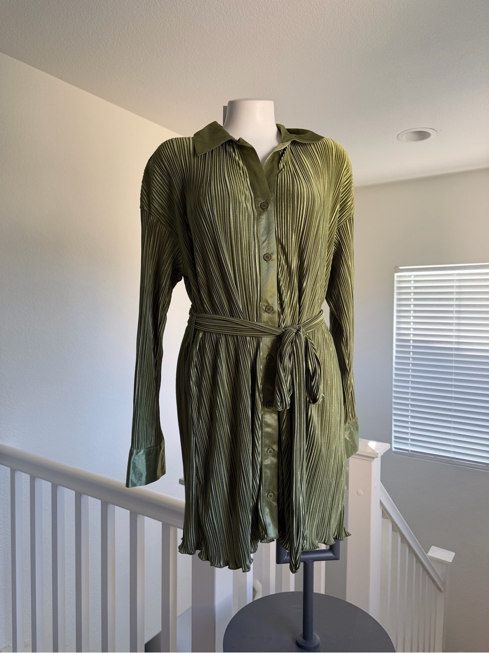 Aiden Olive Green Pleated Shirt Dress with Waist Tie
